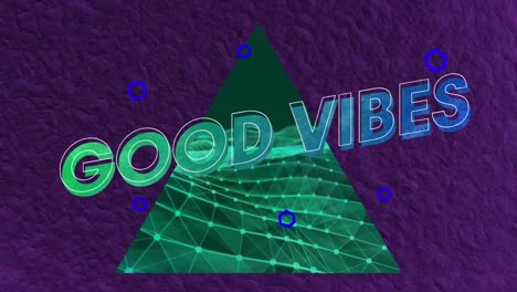 Animation-of-good-vibes-text-in-green-and-blue-over-green-landscape-in-triangle-on-purple-background