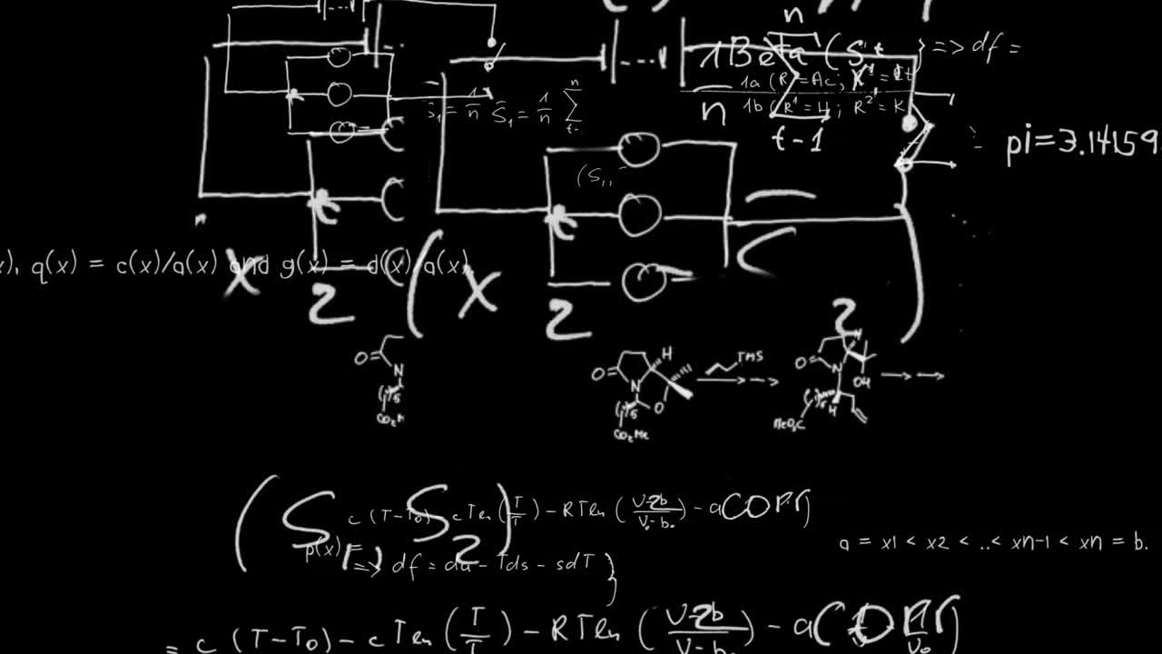 ecuaciones matemáticas que aparecen en la pizarra y zoom en