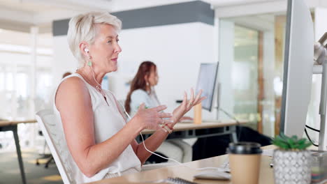 business woman, computer or talking during video