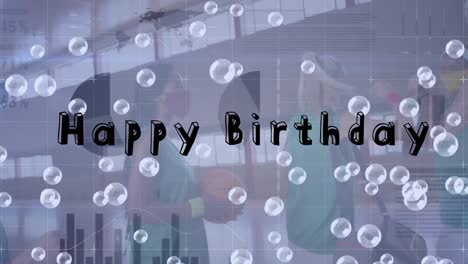animation of happy birthday text and bubbles over diverse group of basketball players at gym