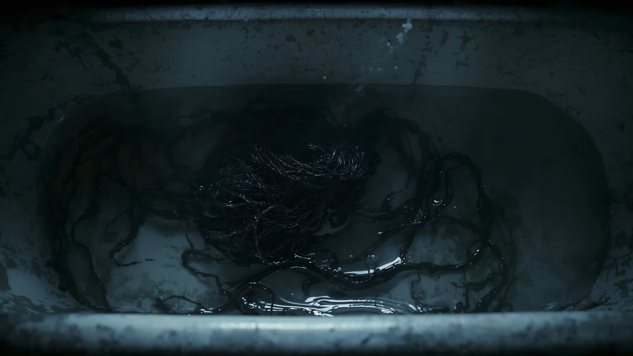 Shifting dark wet hair bundle floating in bathtub with stained rim as thin stream disturbing water