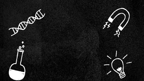 animation of science concept icons over changing grunge effect on black background with copy space