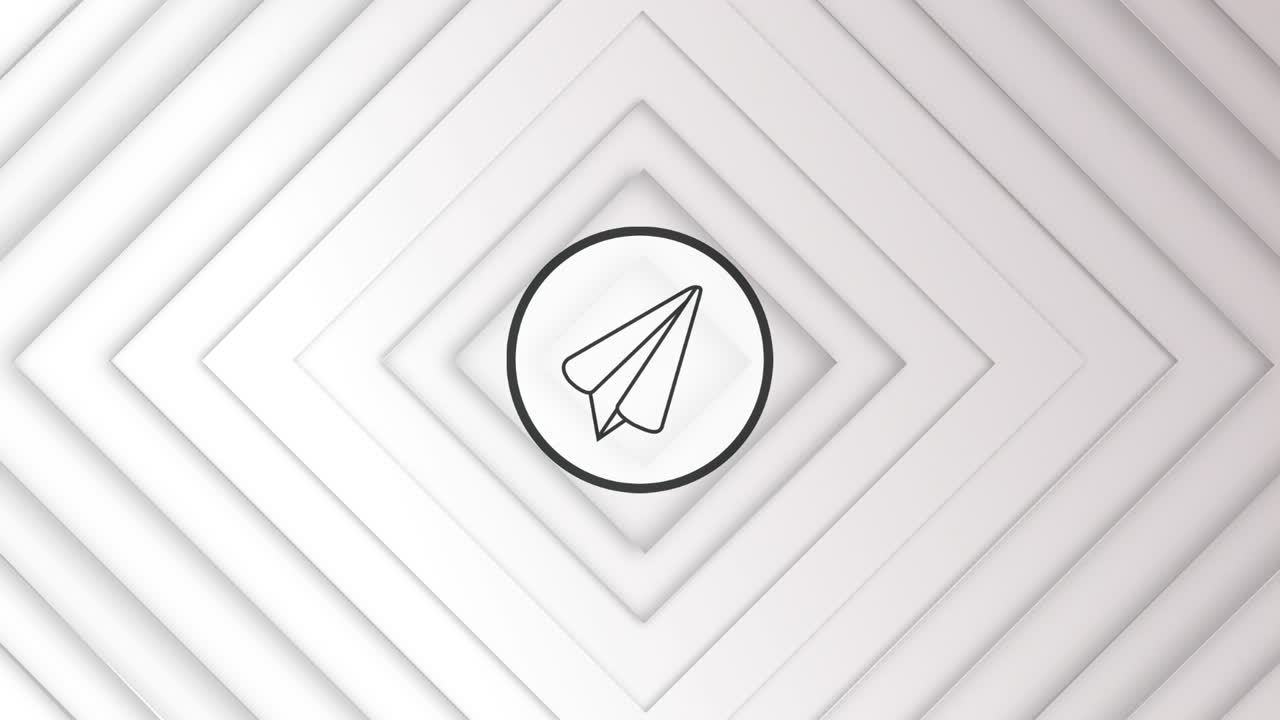 Animation of paper plane icon over squares in white digital space