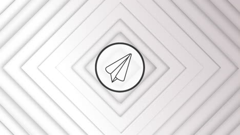 animación del icono del avión de papel sobre los cuadrados en el espacio digital blanco