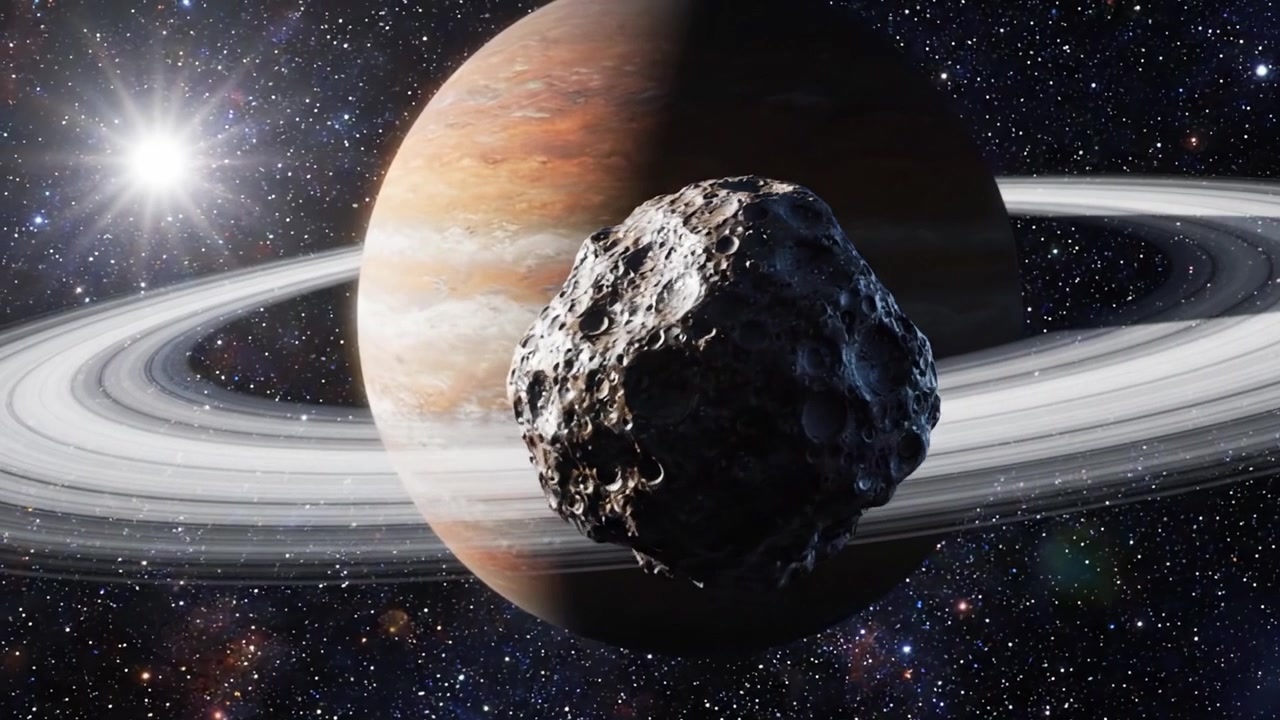 Una splendida vista cosmica con un grande asteroide tra gli anelli di un pianeta maestoso e un sole distante sullo sfondo, che cattura la bellezza dello spazio esterno.