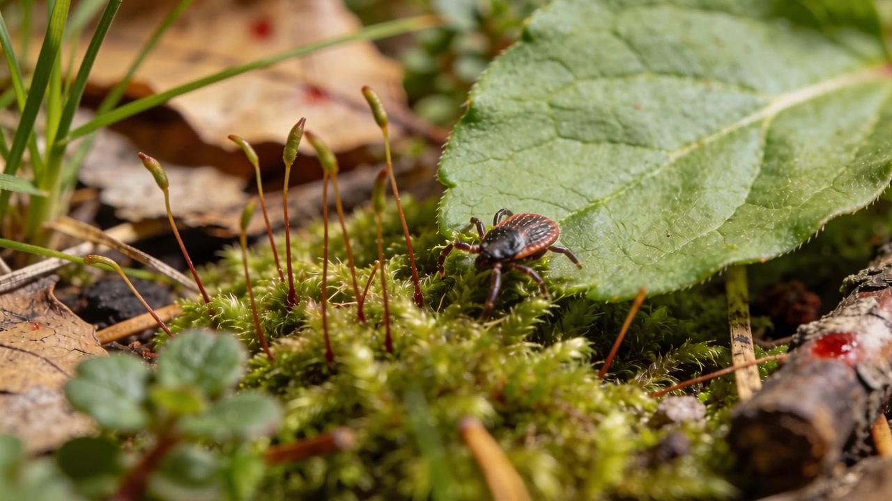 Crawling small brown arthropod moving off green leaf onto moss after leaf contact, probing center