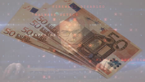 animation of changing numbers, hacker and virus alert over euro banknotes