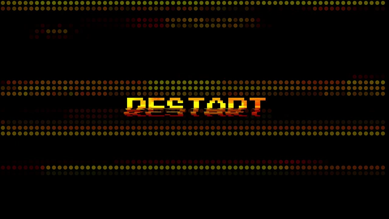 Testo 'Restart' pixelato con effetto glitch su sfondo nero