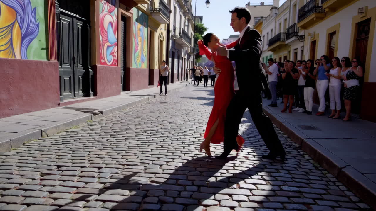 Couple Dancing Tango on a Cobblestone Street in a City with Murals