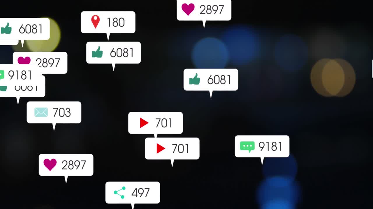 다채로운 빛의 반점에 대한 여러 음성 거품에 대한 소셜 미디어 아이콘의 애니메이션