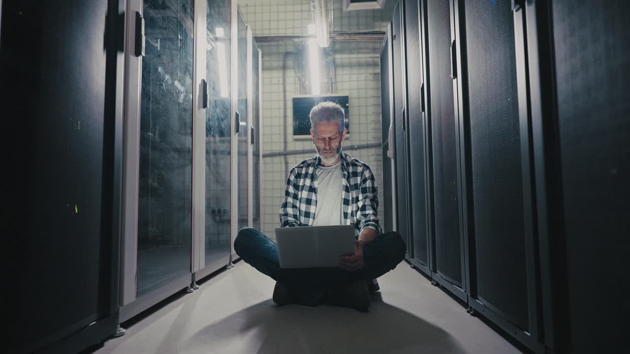 IT-Spezialist arbeitet nachts in einem Rechenzentrum