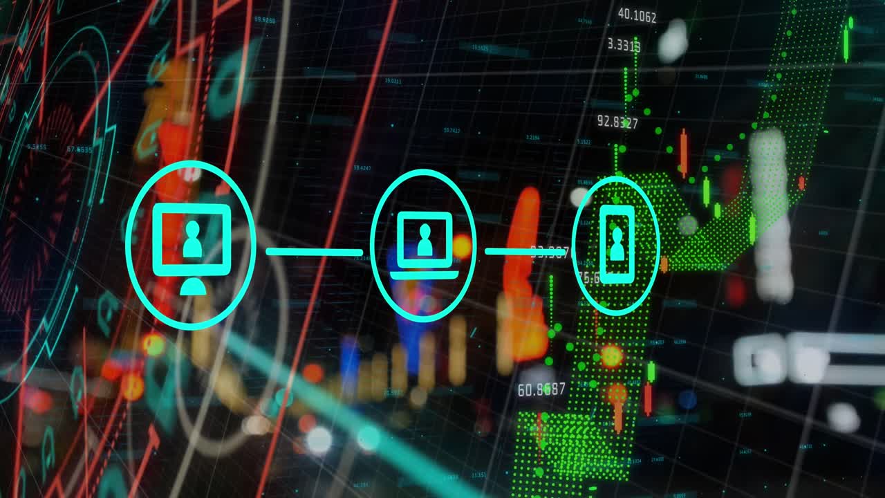 디지털 아이콘 네트워크의 애니메이션과 야간 도시 교통에 대한 금융 데이터 처리