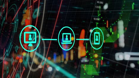 animación de la red de iconos digitales y procesamiento de datos financieros contra el tráfico nocturno de la ciudad