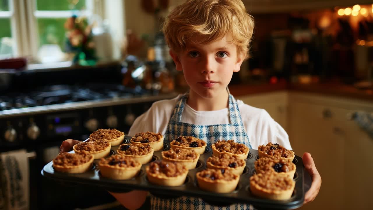 A Young Baker Proudly Displays His Deliciously Baked Dessert Tarts, Skillfully Crafted with Nuts and Berries, Showcasing His Baking Talent in a Cozy Kitchen Setting