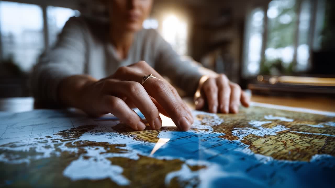 Close-up of a person's hands tracing a world map. Fingers gently press down on continents. Soft lighting highlights focused concentration. Scene suggests global planning, travel, or strategy