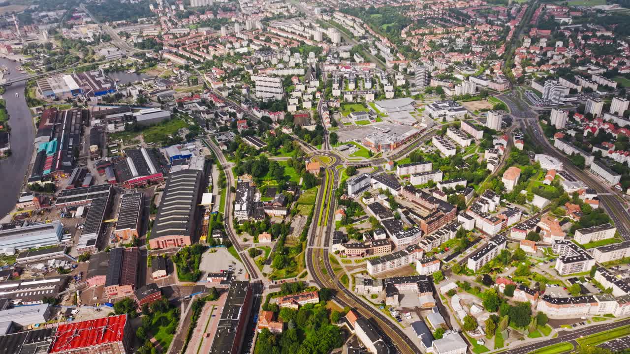 Expansive drone panorama of Elbląg highlighting port and connections