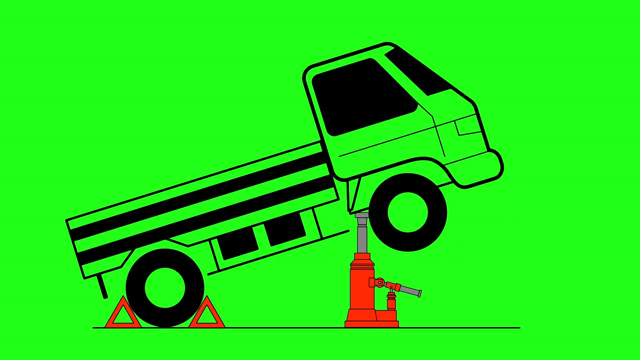 차량을 들어 올리고 수리하기위한 수압 자동차 잭 - 녹색 화면 배경 - 4k 애니메이션