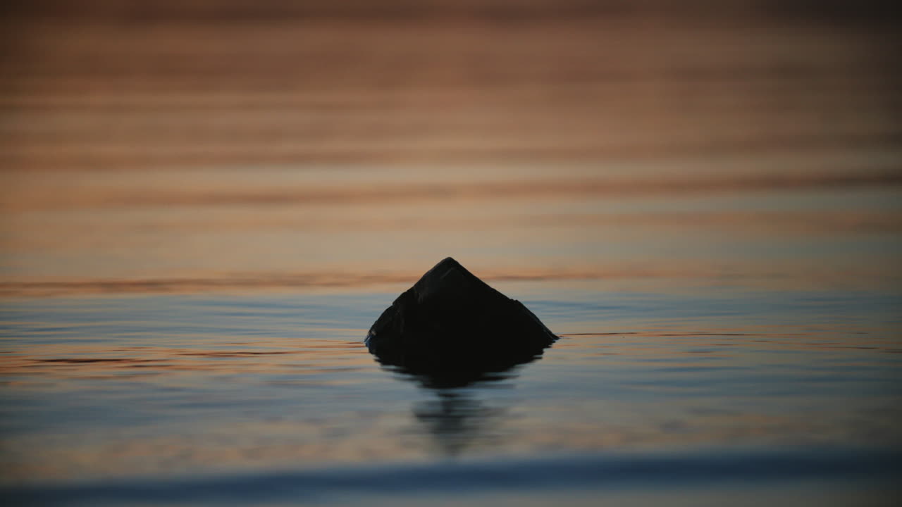 Static footage of a silhouette of a rock that is close to the beach with water lapping up against it in the light of the sunset in Chattanooga, TN.