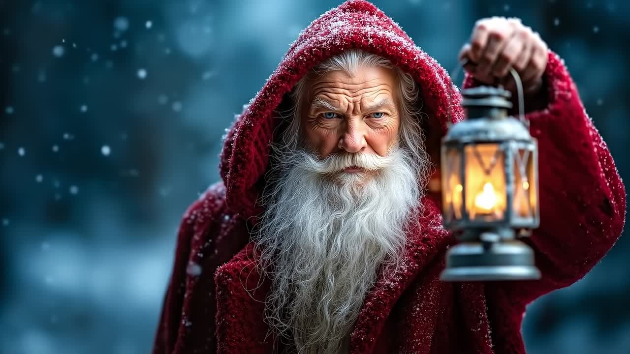 A man dressed as Santa Claus holding a lantern in the snow