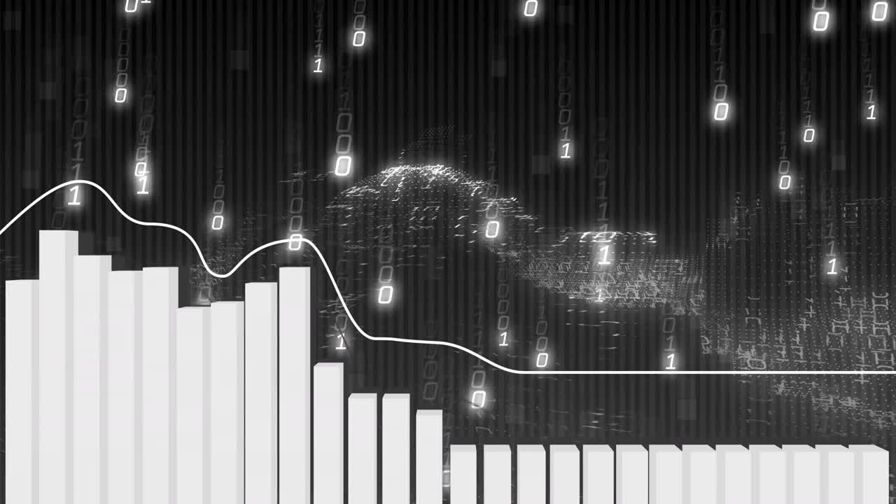 금융 데이터 처리의 애니메이션과 검은색 배경의 바이너리 코딩