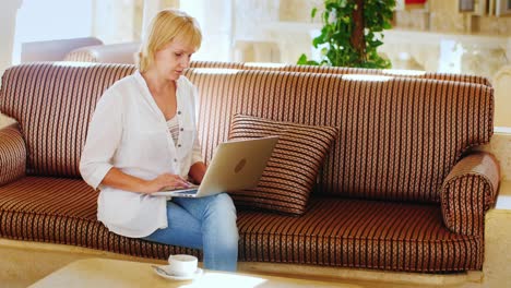 Attraktive-Frau-Arbeitet-Mit-Einem-Laptop-In-Der-Lobby