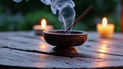 incense and candles on wooden table