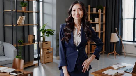 elegant professional businesswoman posing confidently in contemporary office, radiating success and leadership with sophisticated demeanor and polished appearance