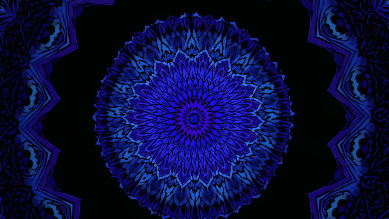 Starting small blue fractal mandala pulsing and expanding on black canvas showing intricate growth