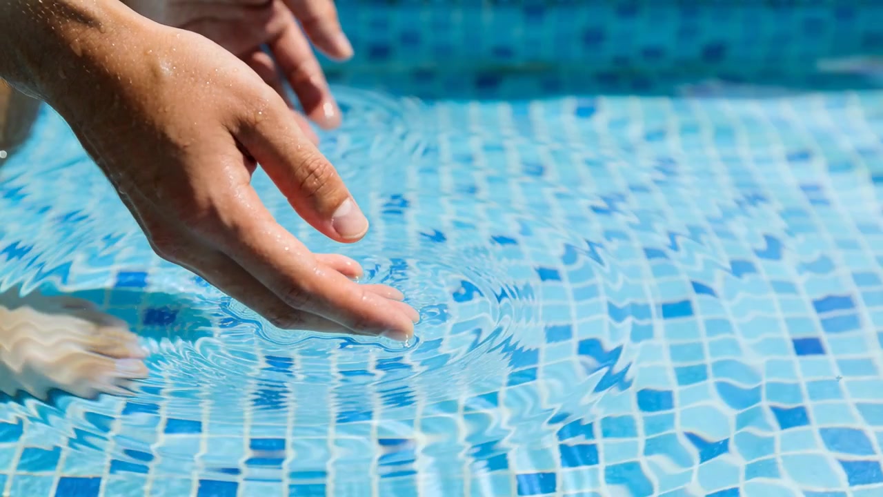 Seseorang menurunkan tangan kosong, menyentuh permukaan kolam di tepi, menciptakan riak di atas ubin mosaik biru.
