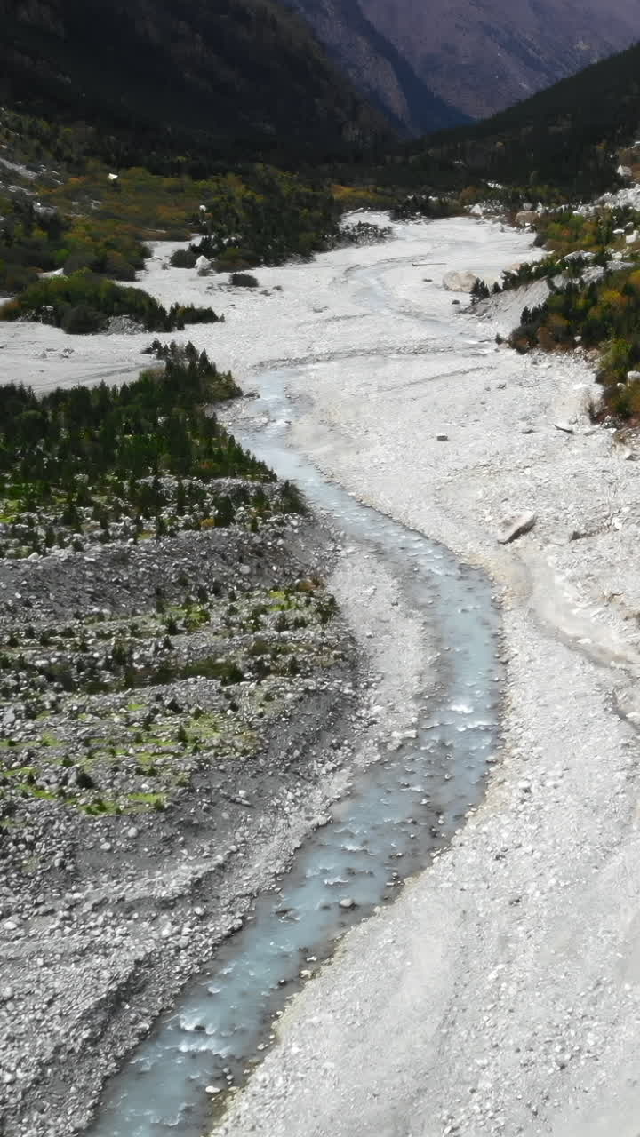 Aerial View of a Glacial River Flowing Through a Rocky Mountain Valley