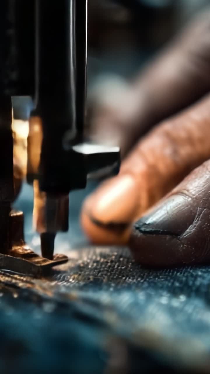 Maestria artigianale: Un primo piano della mano di un artigiano esperto che guida un ago attraverso il tessuto denim su una macchina da cucire, mettendo in mostra l'arte della sartoria.