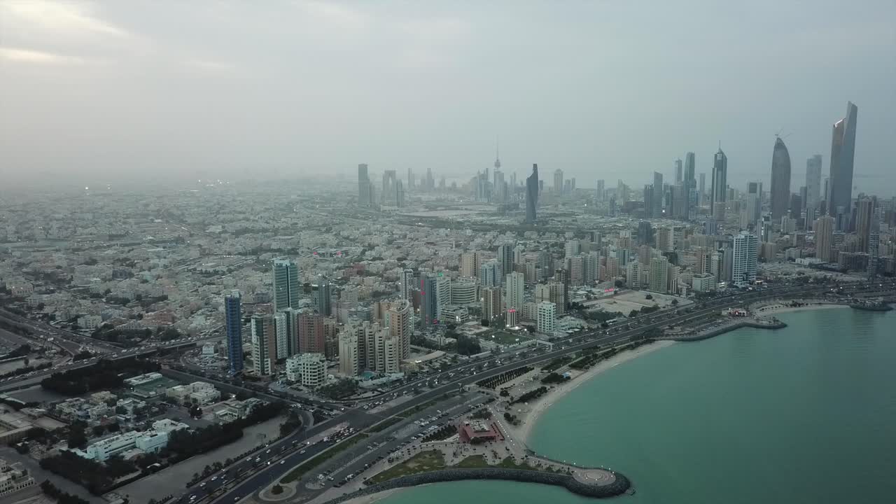 Aerial view of the Arabian Gulf Road in Kuwait. Revealing shot, sliding dolly right
