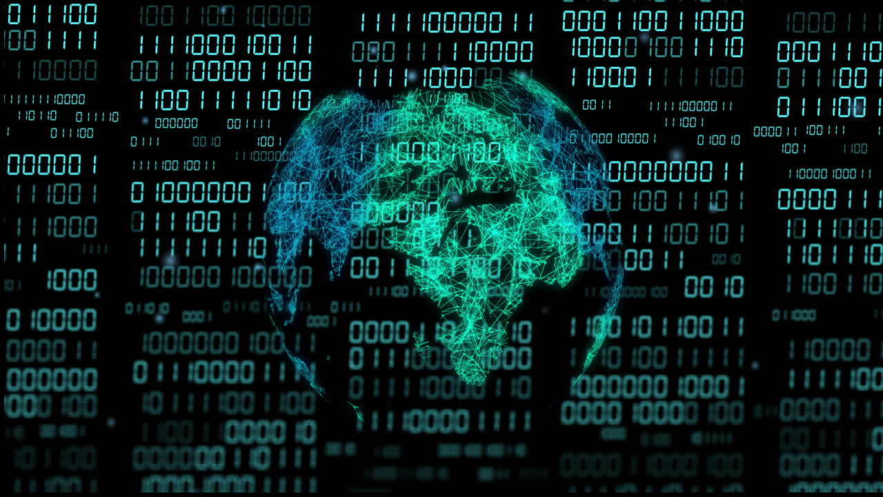 animación del globo con codificación binaria y procesamiento de datos sobre fondo oscuro