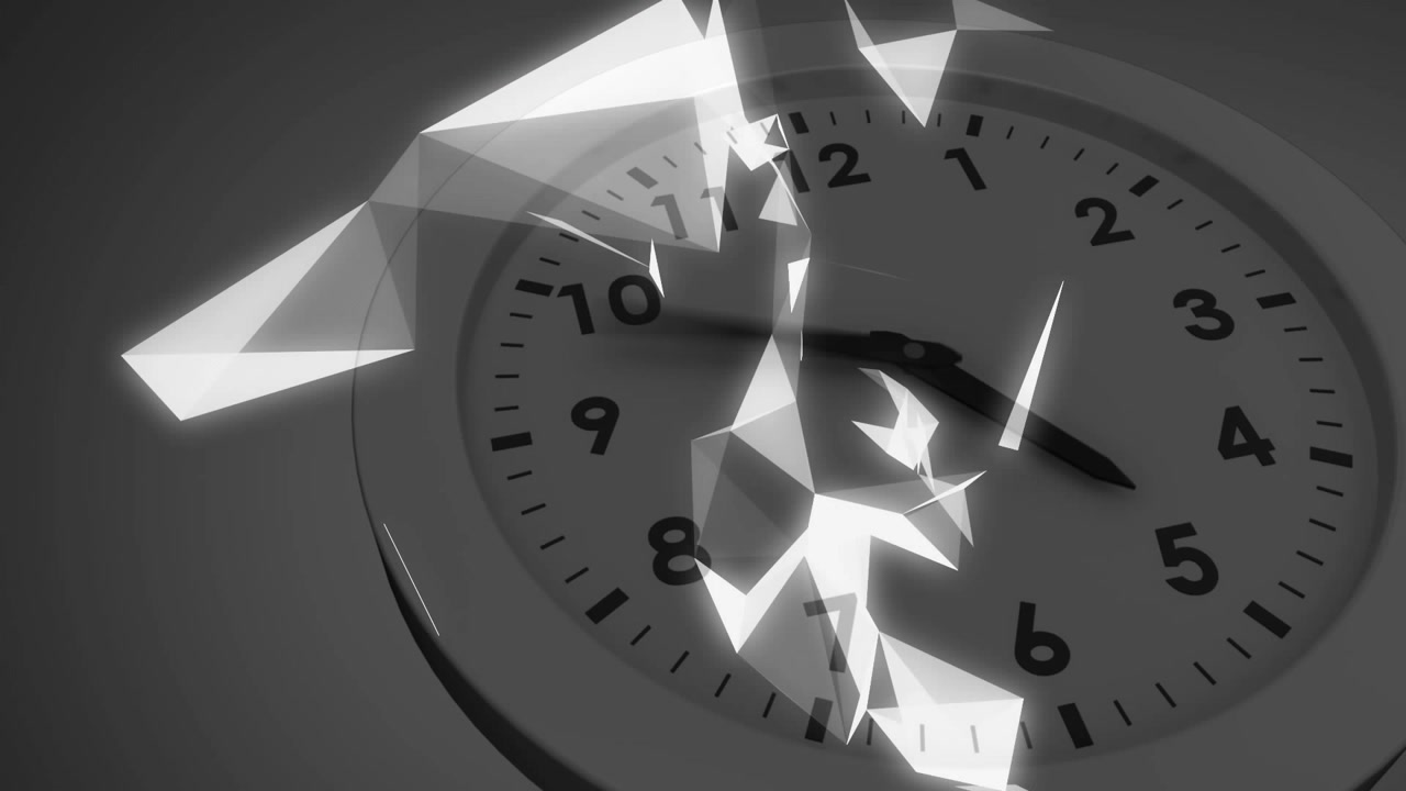 Glowing dot appearing on minute hand spawning polygon shards swirling and showing time passage