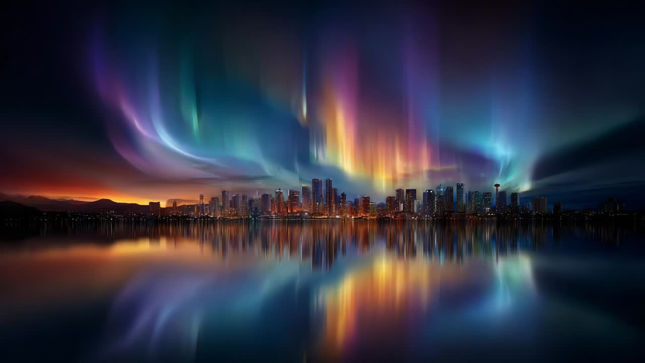 A Stunning Display of Aurora Borealis Illuminates the City Skyline, Reflecting Bright Colors Across the Water in a Mesmerizing Night Scene Captured in Two Time Frames