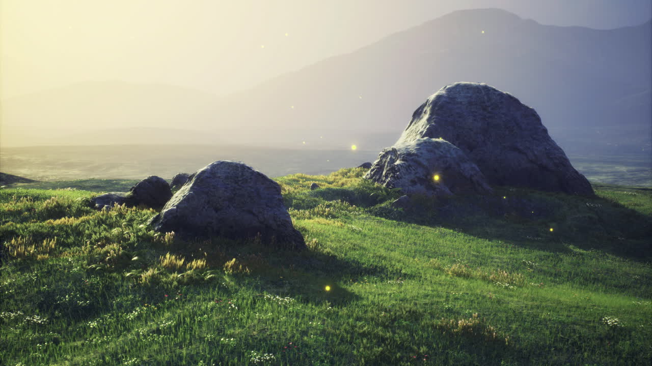 Beautiful natural landscape with large rocks and glowing elements at dusk