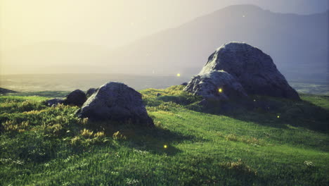 beautiful natural landscape with large rocks and glowing elements at dusk