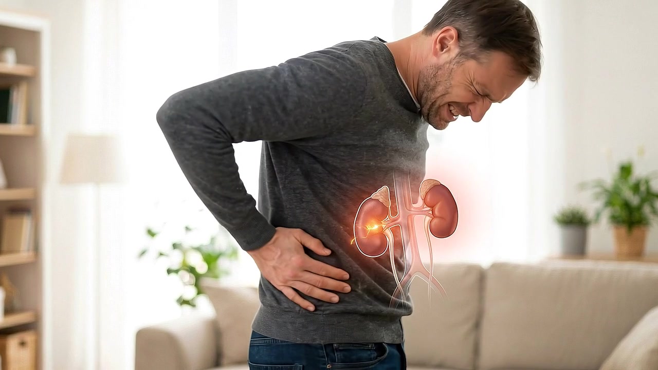Rear view of man holding glowing lower back with kidney and spine overlay