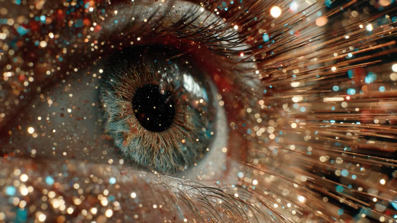A Close-Up Exploration of an Eye with Radiant Sparks and Glittering Particles Emphasizing Intricate Details and Textures in a Dazzling Visual Display