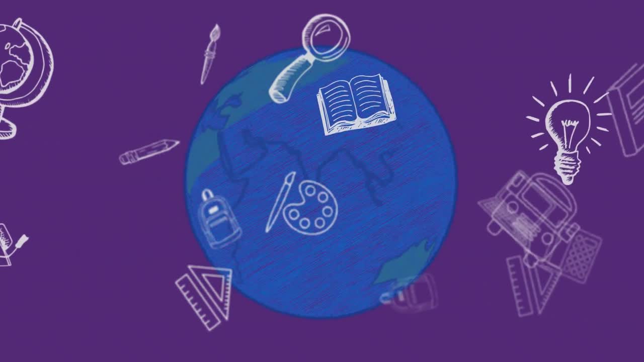 animación de iconos escolares flotando sobre un globo azul y un fondo púrpura