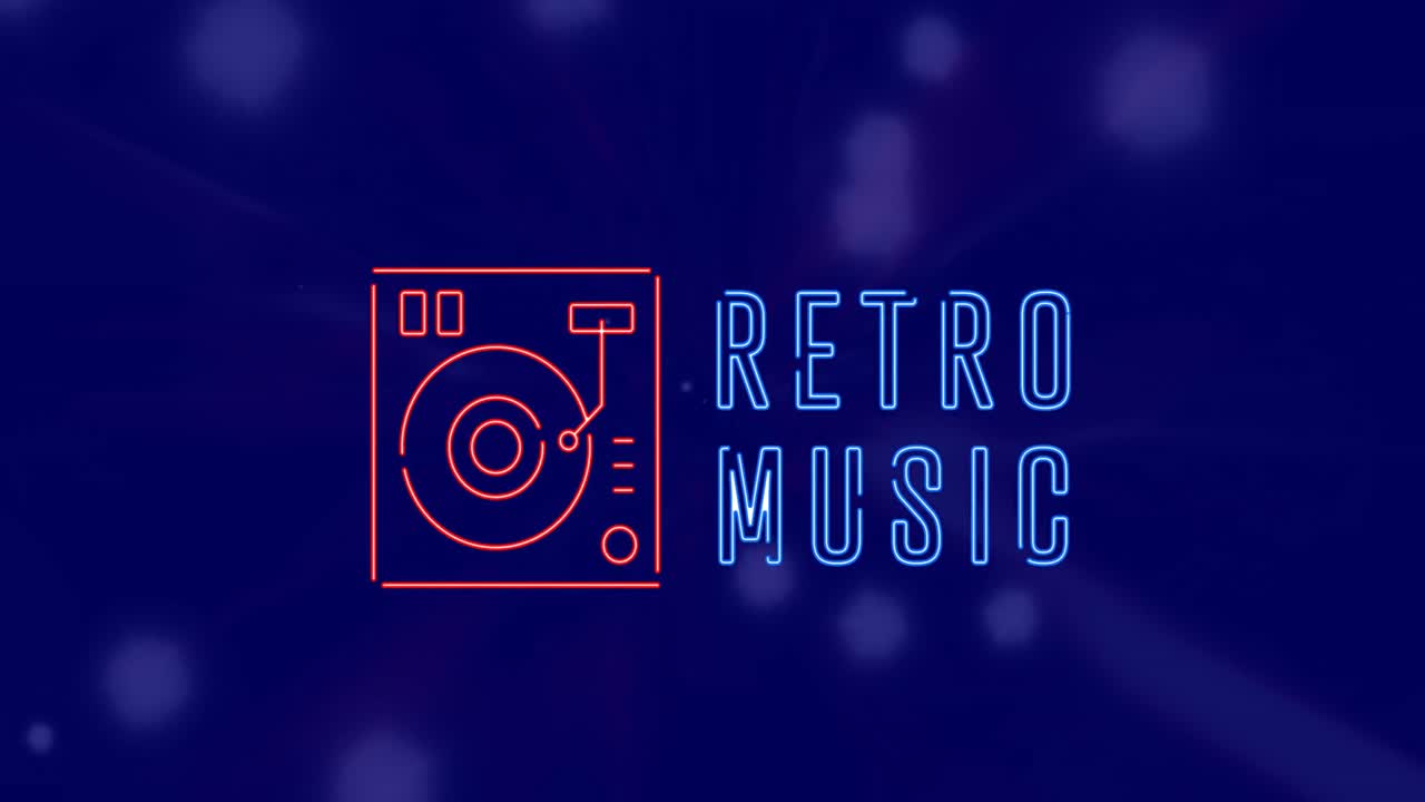 레트로 음악 텍스트와 그라모폰의 애니메이션이 파란색 배경의 점 위에 있습니다.