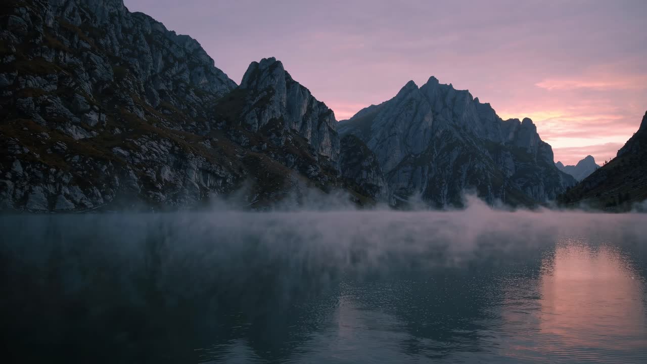 A serene video scene of misty mountains at dawn, captured from a low angle, showcasing calm waters