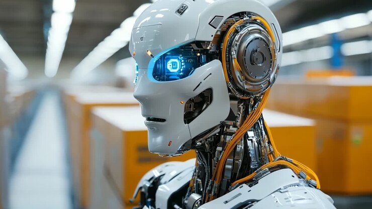 Un robot con una luce blu sulla testa in una fabbrica