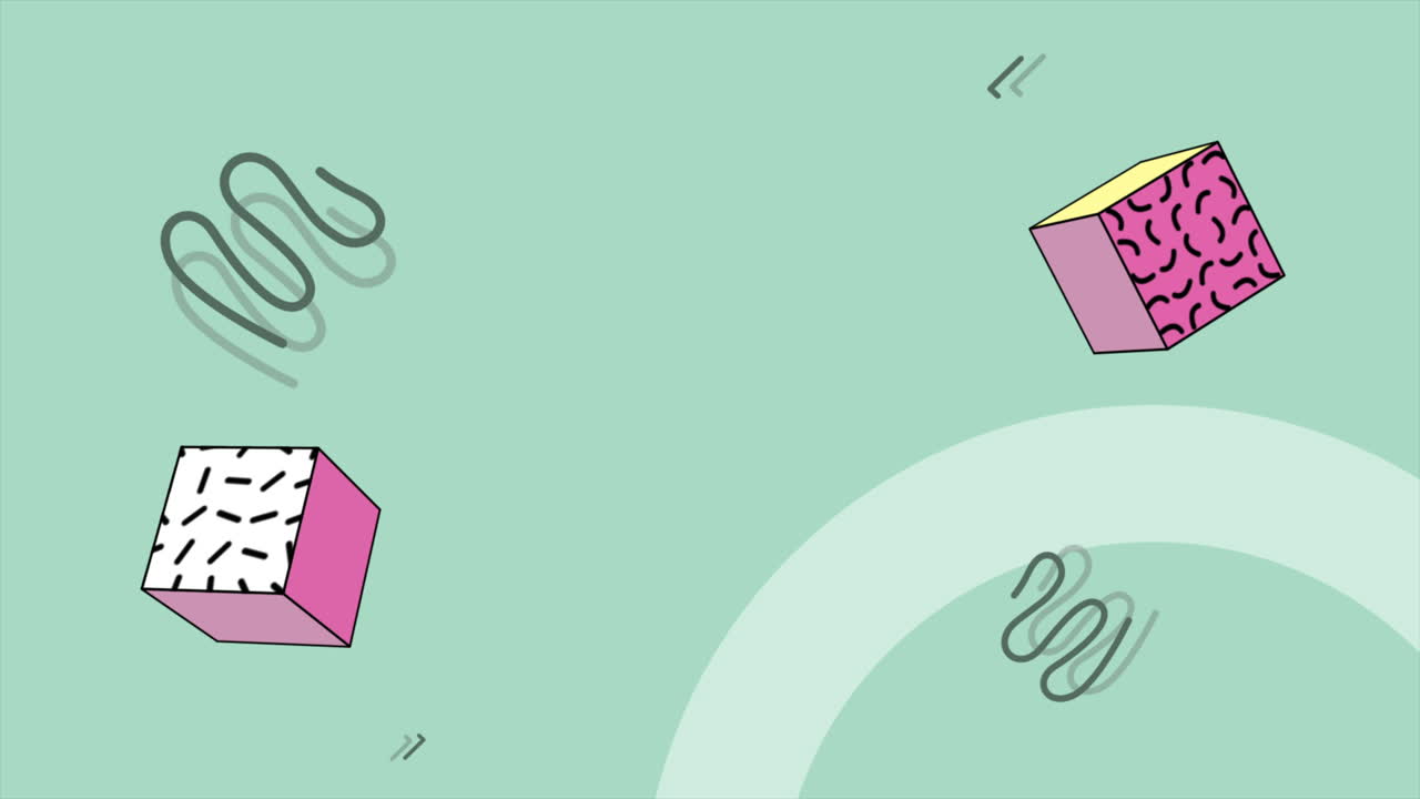 Forme Memphis a zigzag e cubi su sfondo verde