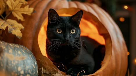 black cat in a pumpkin jack-o-lantern