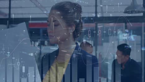 animation of statistics and data processing over businesswoman