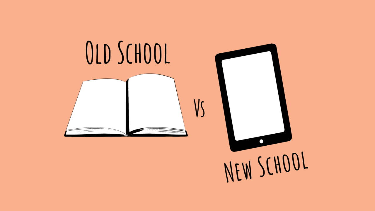 Animation of old school vs new school text and digital icons on orange background