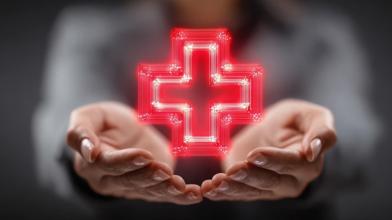 Una persona tiene in mano una croce rossa incandescente che simboleggia la salute e l'assistenza medica, dimostrando cura e supporto attraverso le mani, con un'espressione concentrata sul miglioramento del benessere
