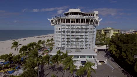 4k drone video of beautiful round building of bellwether resort on the gulf of mexico in st