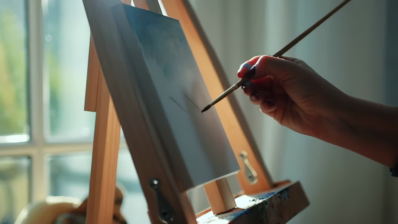 Close-up of a hand painting on a canvas with a paintbrush